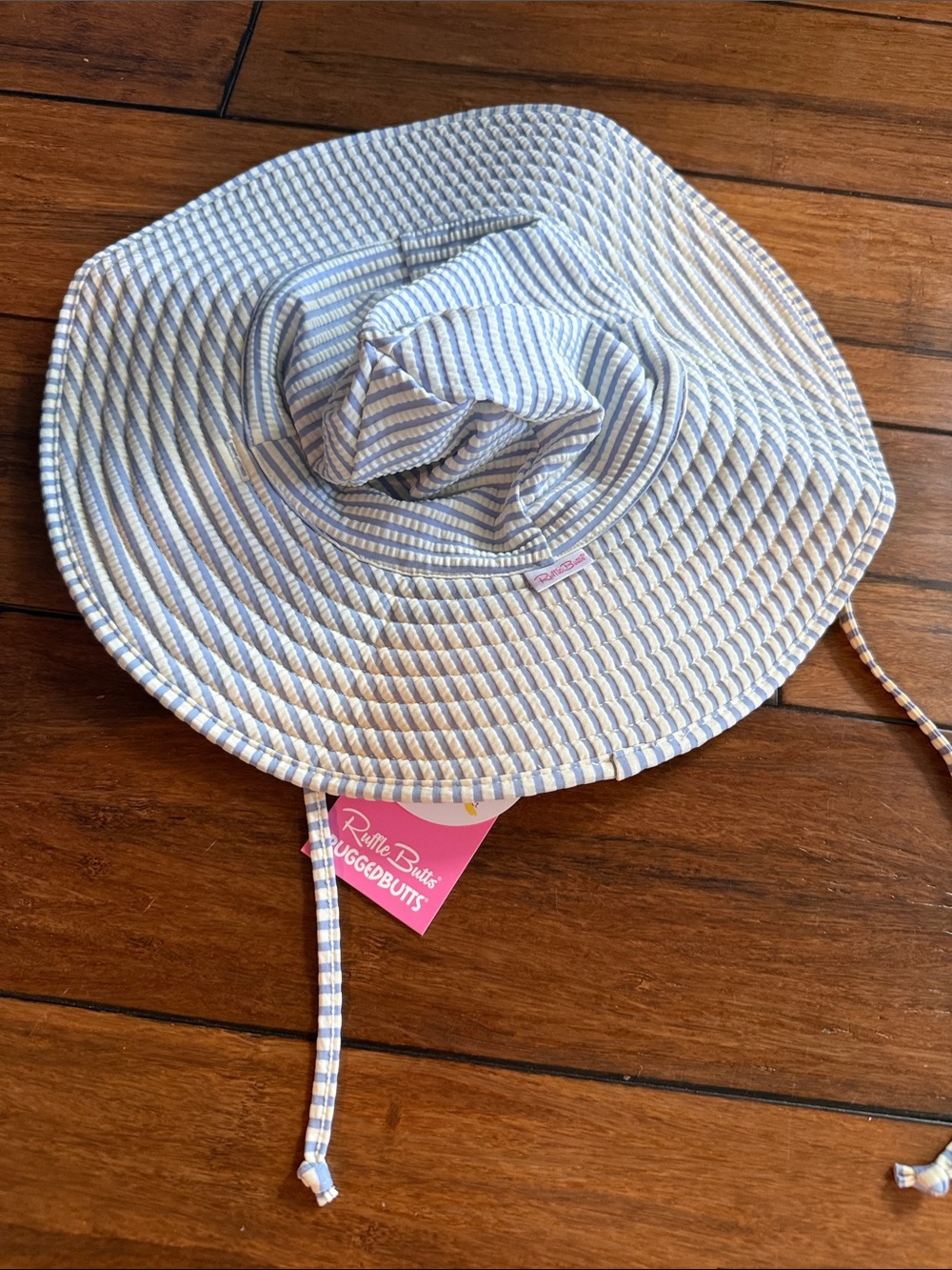 Ruffle Butts Light Blue and White Striped Sun Hat with Chin Ties
